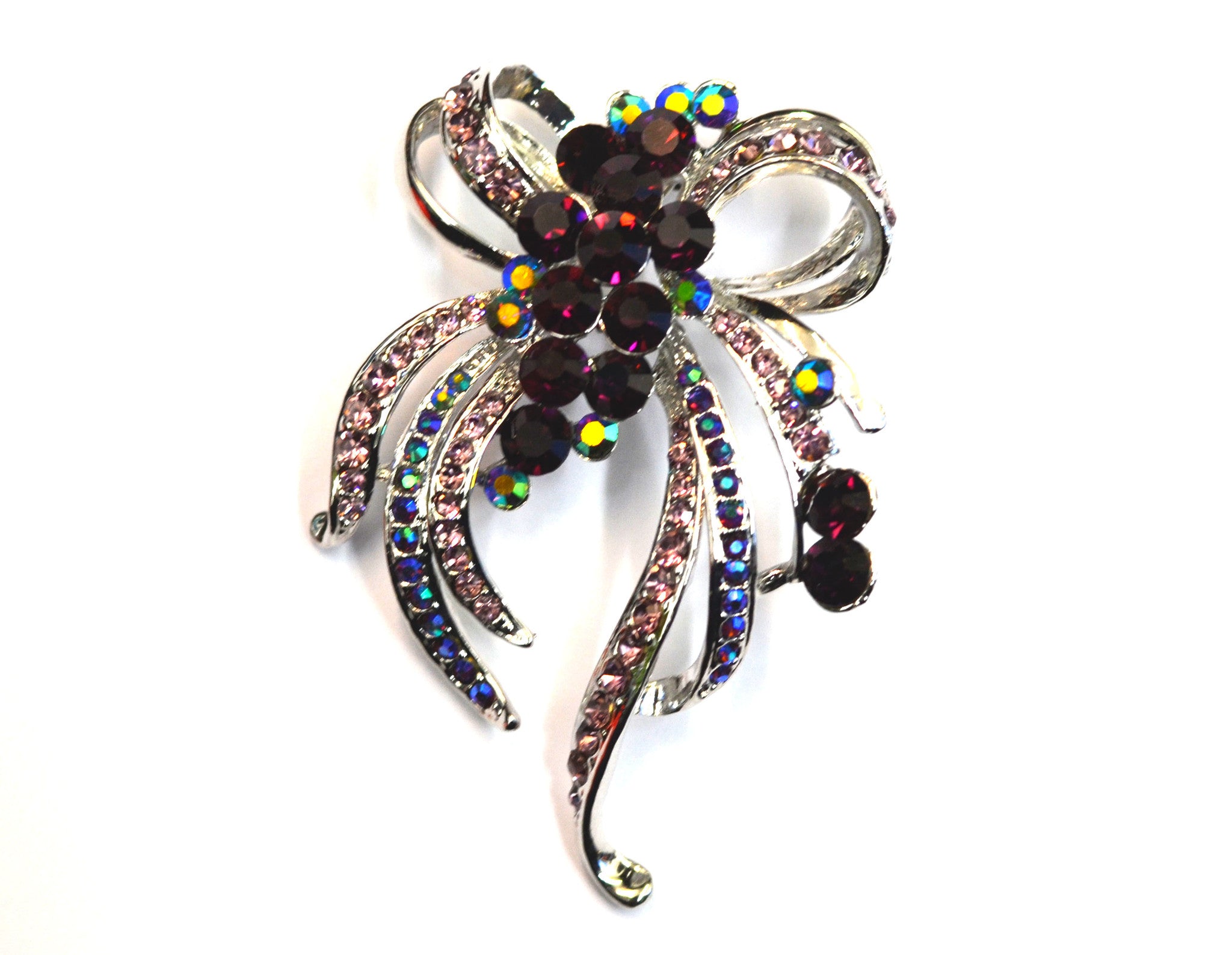 Silver Ribbon Bow with purple, blue, green gems & Gem Cluster Brooch - Bonita Patterns